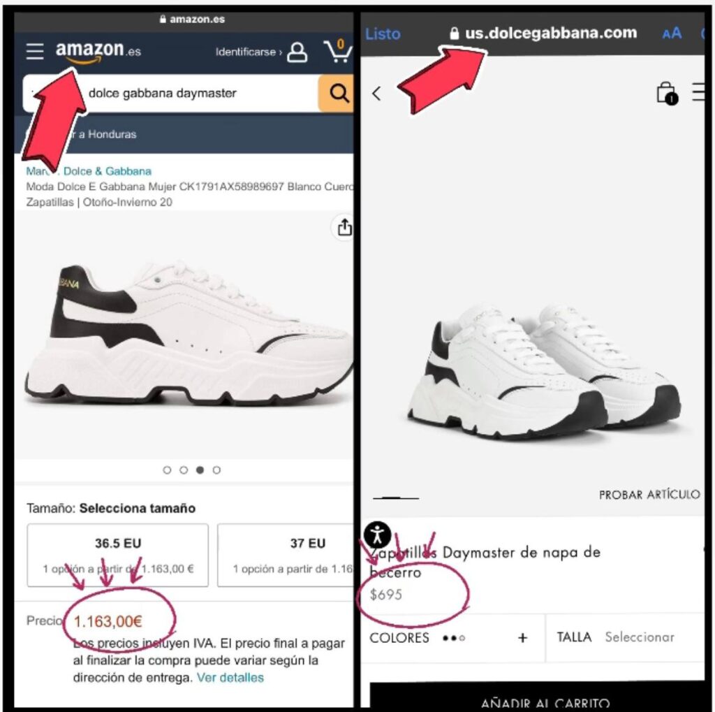 Precio de los tenis, Dolce & Gabbana en Amazon