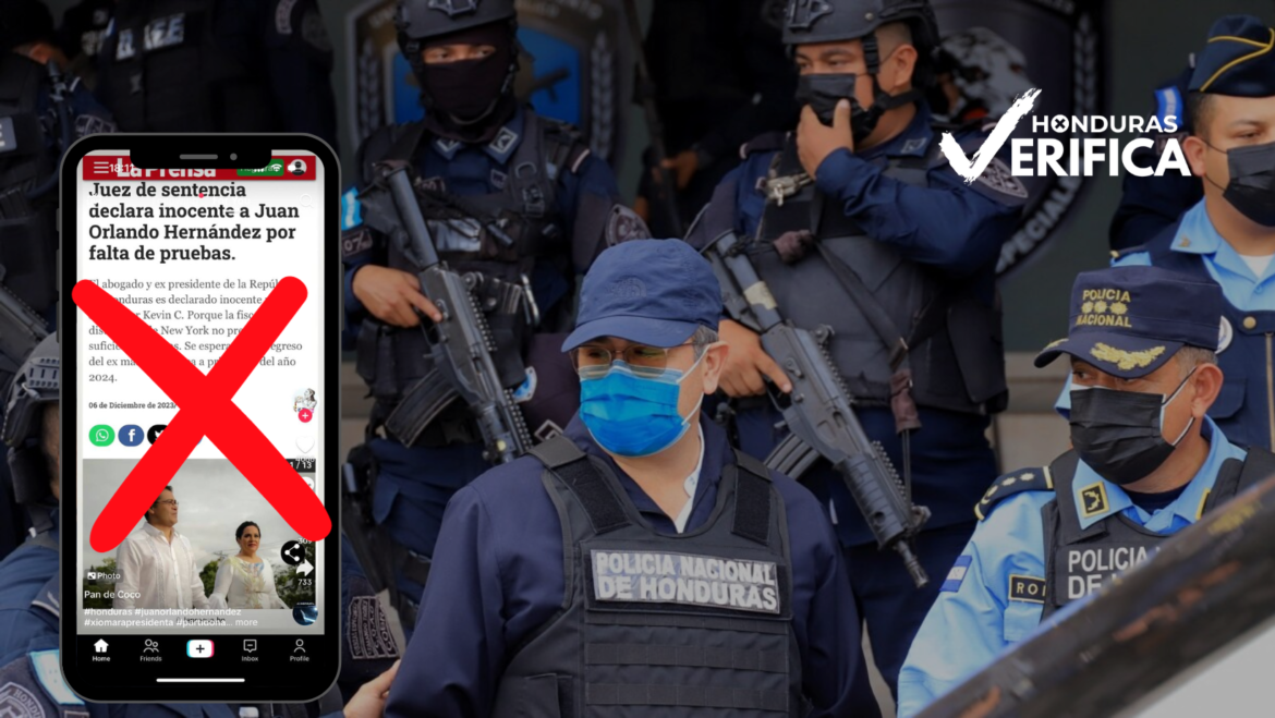 Juan Orlando Hernández y un celular con una noticia falsa