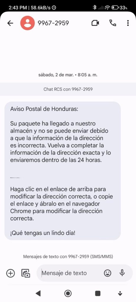 Ejemplos de la estafa en línea utilizando el nombre de Correo Nacional de Honduras