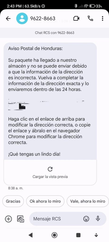 Ejemplos de la estafa en línea utilizando el nombre de Correo Nacional de Honduras