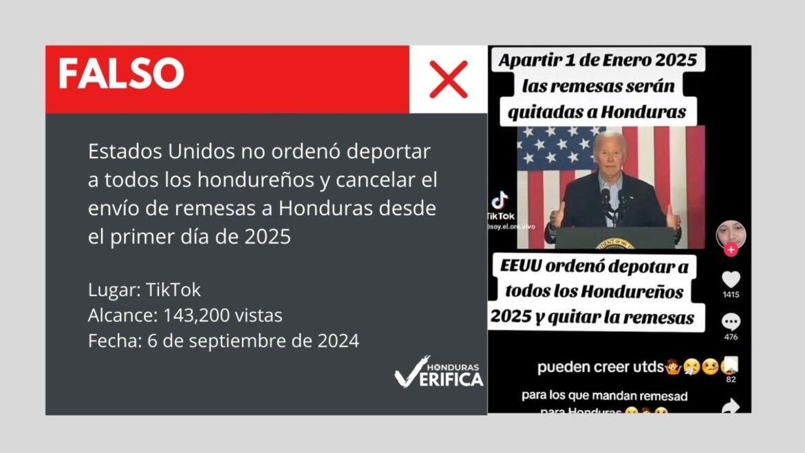 Circula en TikTok una fotografía de Joe Biden, presidente de Estados Unidos, acompañada de un texto que afirma que el país norteamericano ordenó deportar a los hondureños y cancelar el envío de remesas a Honduras a partir del 1 de enero de 2025.