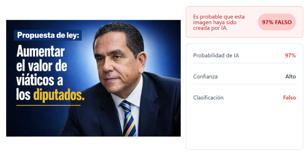 Reporte del análisis realizado con la herramienta ZeroGPT sobre la imagen utilizada para difundir el bulo.